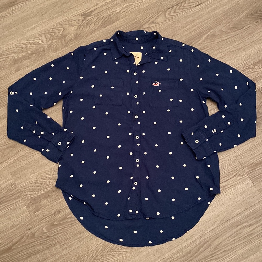 Hollister Polka Dot Button Down Shirt Navy Blue Size S
